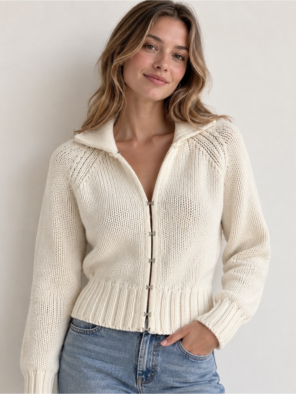J.Crew Cream Cotton Chunky Knit Hook & Eye Cardigan Sweater Size M